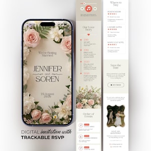 Könnte beinhalten: Eine digitale Hochzeitseinladung auf einem Smartphone-Bildschirm. Die Einladung zeigt die Namen "Jennifer und Soren" mit dem Datum "24. August 2026" und floralen Akzenten. Zusätzliche Details umfassen eine Zeitleiste und RSVP-Informationen.