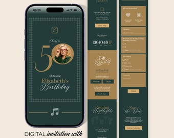 Sage Green & Gold 50th Birthday Web Invitation: RSVP Tracking, Countdown, Music, Map, Save the Date (Elegant Canva Template Digital Invite)