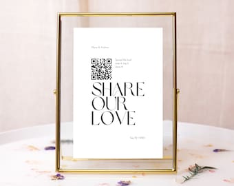 Share the Love Sign Template with QR Code, Simple Wedding Photo Sign Template, Canva Template, Instant Download, BW011