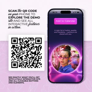May include: A smartphone displays a purple interface with a woman's portrait, text, and a 'Add to Calendar' button. A QR code is next to the phone, with text that reads, 'Scan the QR code on your phone to explore the demo site and see all interactive features in action.'