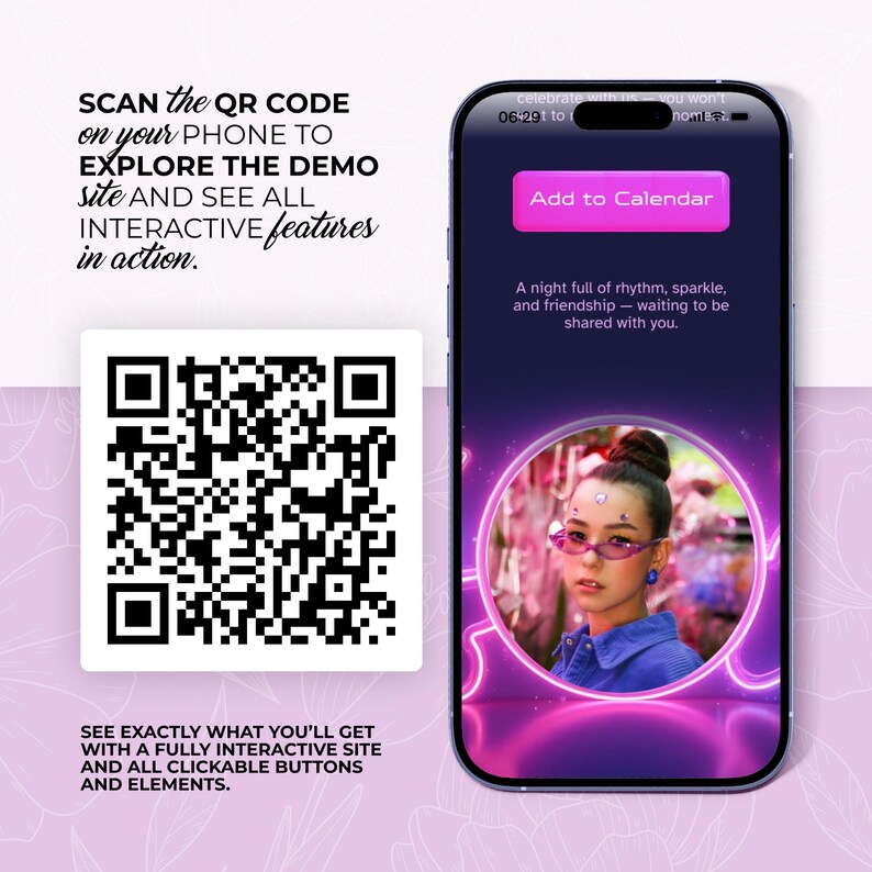 May include: A smartphone displays a purple interface with a woman's portrait, text, and a 'Add to Calendar' button. A QR code is next to the phone, with text that reads, 'Scan the QR code on your phone to explore the demo site and see all interactive features in action.'