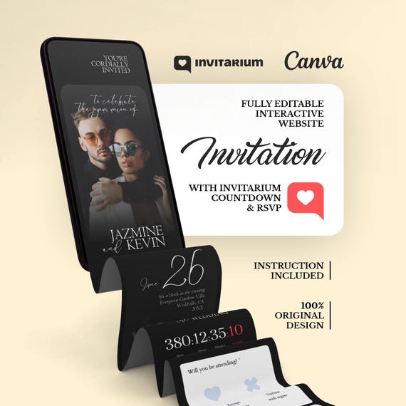 Black Digital Wedding Invite with Countdown, Modern Invitation Website, Trackable RSVP, Editable Canva Template