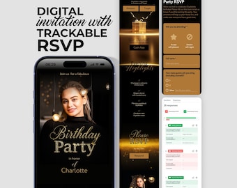 Black & Gold Birthday Party Digital Invitation: Photo, RSVP, Gift Registry (Canva Template)