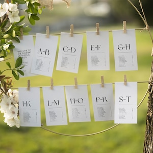 Modello di disposizione dei posti a sedere per matrimoni, Schede per grafici dei posti a sedere in ordine alfabetico, 4x6, 5x7, A5, A6, Modello Canva modificabile, Download istantaneo, BW011