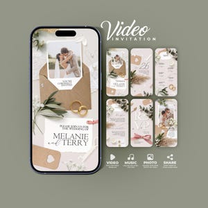 May include: A digital wedding invitation displayed on a smartphone, featuring a photo of a couple, gold rings, and the names "Melanie and Terry." The design includes floral accents and the text "Video Invitation."
