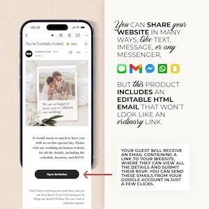 K&ouml;nnte beinhalten: Ein Smartphone-Bildschirm zeigt eine Hochzeitseinladungs-E-Mail. Die E-Mail enth&auml;lt ein Foto eines Paares und den Text "Sie sind herzlich eingeladen". Der Text erkl&auml;rt, wie man die Website per SMS oder Messenger teilt.