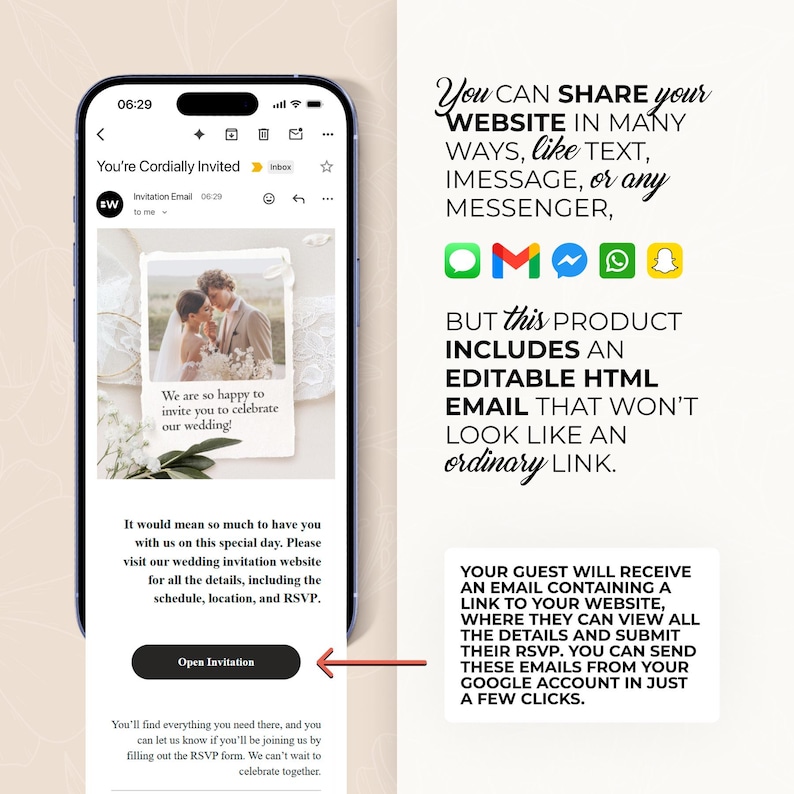 K&ouml;nnte beinhalten: Ein Smartphone-Bildschirm zeigt eine Hochzeitseinladungs-E-Mail. Die E-Mail enth&auml;lt ein Foto eines Paares und den Text "Sie sind herzlich eingeladen". Der Text erkl&auml;rt, wie man die Website per SMS oder Messenger teilt.