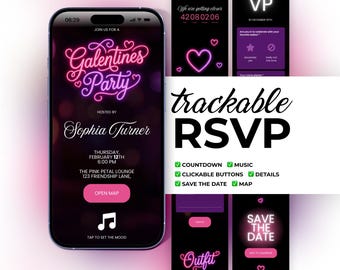 Neon Galentines Day Invitation Website with RSVP, Girls Night Party Invite, Countdown, Music, Digital Invitation, Editable Canva Template