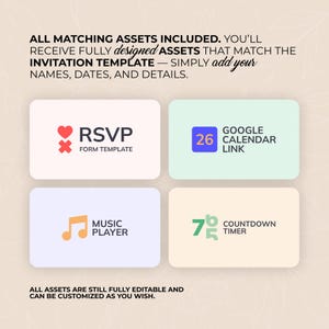 K&ouml;nnte beinhalten: Grafik mit vier rechteckigen Symbolen. Die Symbole umfassen eine RSVP-Formularvorlage, einen Google Kalender-Link, einen Musik-Player und einen Countdown-Timer. Der Text oben lautet: "ALLE PASSENDEN ASSETS ENTHALTEN".