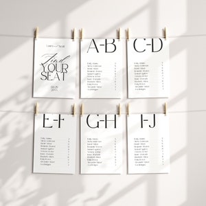 Modello di disposizione dei posti a sedere per matrimonio, schede di disposizione dei posti a sedere in ordine alfabetico, 4x6, 5x7, A5, A6, modello Canva modificabile, download immediato, BW027
