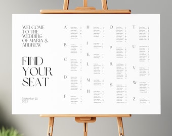 Wedding Seating Chart Sign, Alphabetical Seating Chart,  Minimalist Modern Wedding Seating Plan Canva Template, Instant Download, BW011