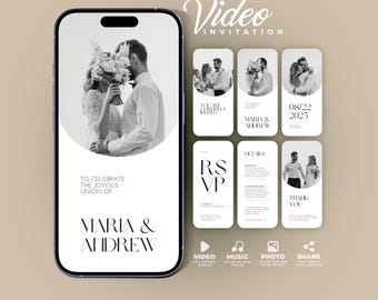 Animated Wedding Invitation Template: Photo & Music, RSVP (Digital Invite Canva Template) BW011