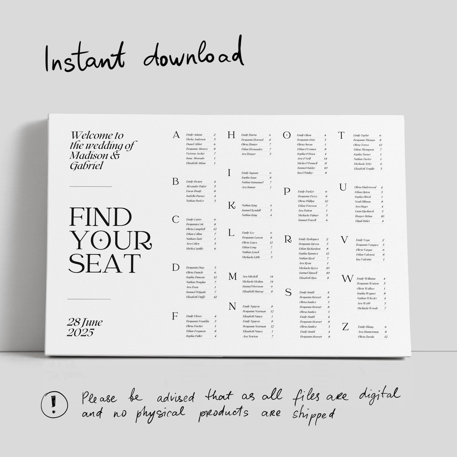 Alphabetical Seating Chart Sign, Wedding Seating Chart Template