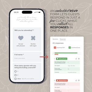 May include: A smartphone displays a wedding RSVP form with fields for name, attendance, and guest count. The screen shows a heart icon for acceptance and an X for decline. Text reads: "An embedded RSVP form lets guests respond in just a few clicks."