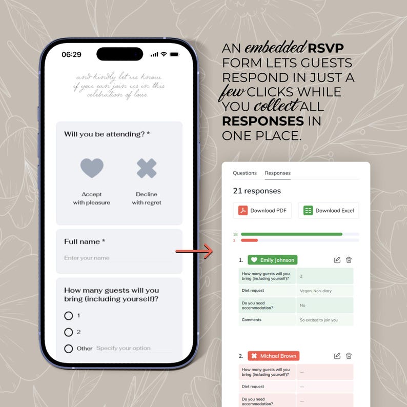 May include: A smartphone displays a wedding RSVP form with fields for name, attendance, and guest count. The screen shows a heart icon for acceptance and an X for decline. Text reads: "An embedded RSVP form lets guests respond in just a few clicks."
