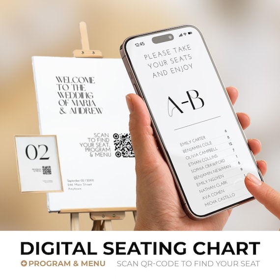 Digital Wedding Seating Chart Website: Canva Template, QR Code Sign & Table Numbers BW011