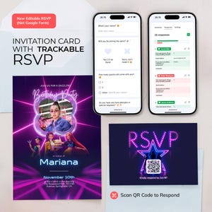 May include: A birthday party invitation card with trackable RSVP. The invitation features a photo of a person, the name "Mariana", and event details. The design includes neon purple and pink accents. Two smartphones display RSVP forms.