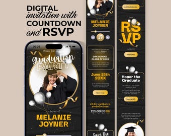 Black Graduation Party Website Invitation: Class of 2026, Trackable RSVP, Live Countdown, Music, Map (Canva Template Digital Download)