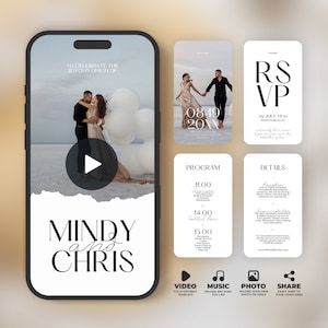 Wedding Video Invitation Template, Animated Wedding Invitation with RSVP, Details & Program, Add Your Own Photo and Music, Canva, BW025