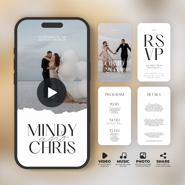 Modello per invito video di nozze, invito a nozze animato con RSVP, dettagli e programma, aggiungi foto e musica, Canva, BW025