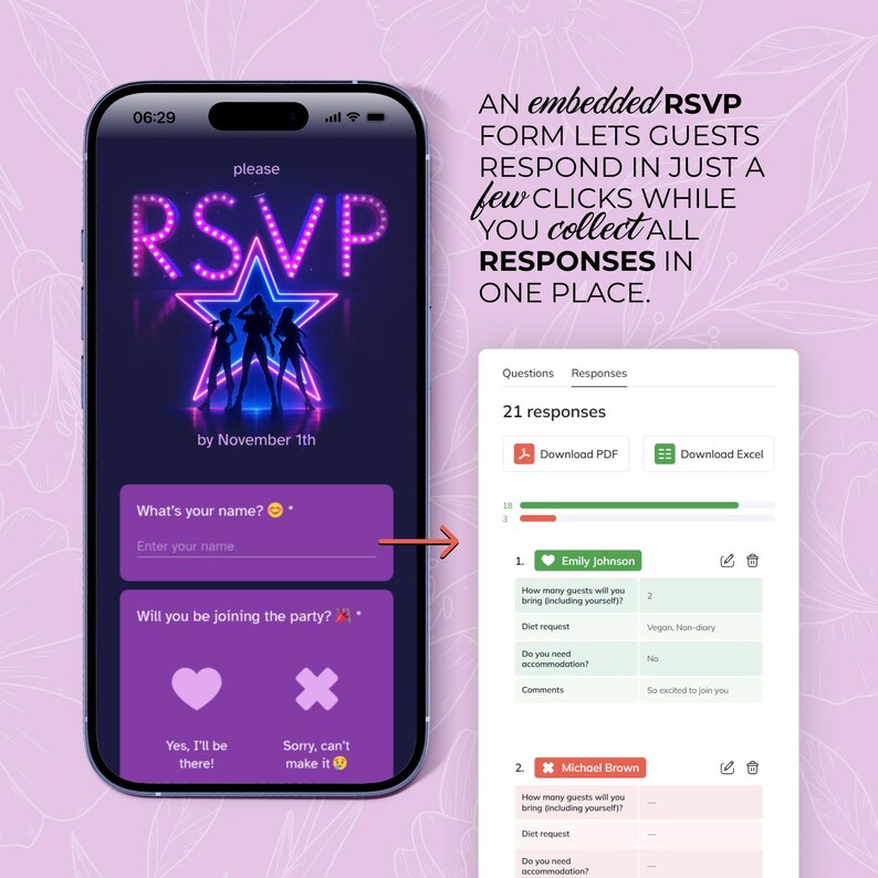 May include: A smartphone screen displays an RSVP form with a purple and pink color scheme. The form includes fields for name and attendance, with a star graphic. The screen also shows a list of responses, including guest details and dietary requests.