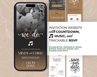 Peut inclure: Un smartphone affiche un site web d'invitation de mariage. Le design comprend une photo de couple, les mots "we do" et les détails de l'événement. D'autres écrans montrent les options RSVP, le programme et "save the date".
