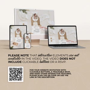 Op de afbeelding: Een digitaal trouwkaartontwerp weergegeven op een desktopcomputer, laptop, tablet en smartphone. Het ontwerp bevat een foto, tekst en een QR-code. De tekst luidt "Melanie & Terry" en "26". De afbeelding bevat ook de tekst: "PLEASE NOTE THAT interactive ELEMENTS are not available IN THE VIDEO. THE VIDEO DOES NOT INCLUDE CLICKABLE buttons OR A RSVP."