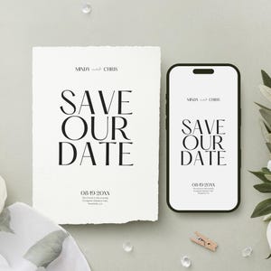 Save Our Dateカード、ミニマルでモダンなSave the DateカードCanvaテンプレート、印刷とデジタルオプション、即時ダウンロード、BW025
