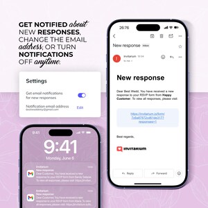 May include: Three smartphones displaying email notifications and settings. One phone shows a new response email from Happy Customer. Another shows settings to change email address or turn off notifications. The third phone shows a list of new responses.