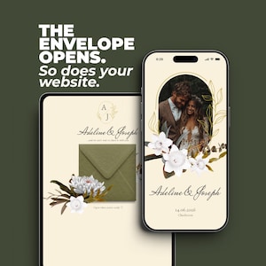 Op de afbeelding: Een smartphone en tablet tonen een digitale trouwkaart met een crèmekleurige achtergrond, olijfgroene enveloppen, witte bloemillustraties en de tekst Adeline & Joseph, 14.06.2026, Charleston, en The envelope opens. So does your website.