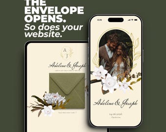 Digital Wedding Invitation Website with Envelope Animation and Music, Editable Floral Template, Sage Green, RSVP and Countdown