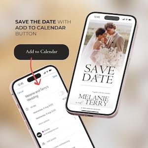 May include: A smartphone screen displaying a wedding save the date with a photo of a couple. The text reads "Save the Date" with the couple's names "Melanie and Terry". The screen also shows a button that says "Add to Calendar".