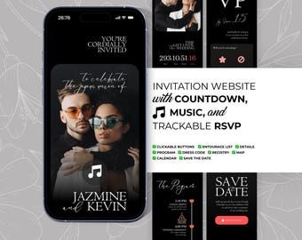 Black Wedding Website Digital Invitation with Music, Save the Date, Countdown, Trackable RSVP, Registry, Program (Canva Template) BW016