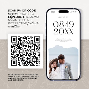 May include: A smartphone displays a wedding invitation with a photo of a couple. A QR code is next to the phone with the text: "Scan the QR code on your phone to explore the demo site and see all interactive features in action."