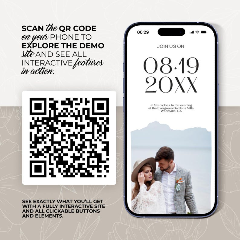 May include: A smartphone displays a wedding invitation with a photo of a couple. A QR code is next to the phone with the text: "Scan the QR code on your phone to explore the demo site and see all interactive features in action."