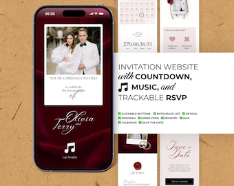 Wedding Website with Countdown, Music and Embedded RSVP, Elegant Burgundy Theme, Editable Canva Template
