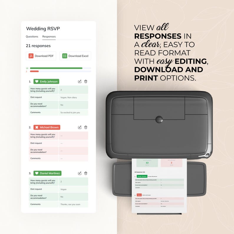 K&ouml;nnte beinhalten: Ein digitales Hochzeits-RSVP-Formular mit 21 Antworten, angezeigt auf einem Tablet. Ein Drucker wird mit einem gedruckten RSVP-Formular gezeigt. Der Text auf dem Bild lautet: "VIEW all RESPONSES IN a clear, EASY TO READ FORMAT WITH easy EDITING, DOWNLOAD AND PRINT OPTIONS."