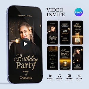Black & Gold Animated Birthday Video Invitation: Canva Template (Instant Download)