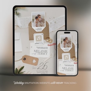 Sitio web de invitación de boda digital y correo electrónico HTML: seguimiento de RSVP, cuenta regresiva, música, reserva de fecha, detalles (plantilla de Canva)