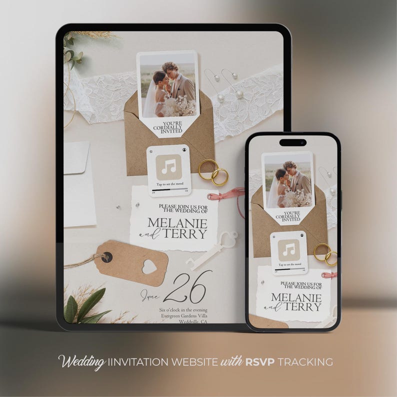 Digital Wedding Invitation Website and HTML Email: RSVP Tracking, Countdown, Music, Save the Date, Details (Canva Template) Bild 1