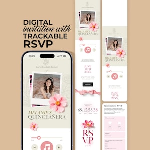 Puede incluir: Invitación digital para una quinceañera, con RSVP rastreable. El diseño presenta una foto de una joven, flores rosas y el texto "Melanie's Quinceañera". La invitación se muestra en un teléfono inteligente y una página web.