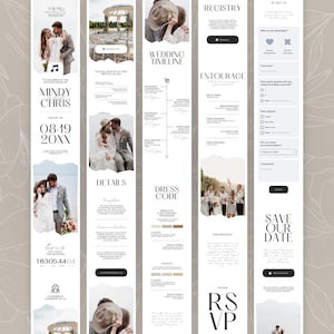 May include: A wedding invitation design with a neutral color palette. The design includes photos of the couple, event details, a timeline, dress code, and RSVP information. The text includes the names Mindy and Chris, and the date 08.19.20XX.