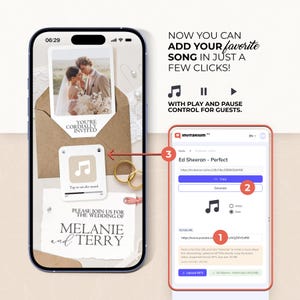 K&ouml;nnte beinhalten: Ein Smartphone-Bildschirm zeigt eine Hochzeitseinladung mit Foto und Text. Die Einladung enth&auml;lt ein Musikplayer-Symbol und die Namen "Melanie and Terry". Ein anderes Telefon zeigt eine Musik-Upload-Oberfl&auml;che.