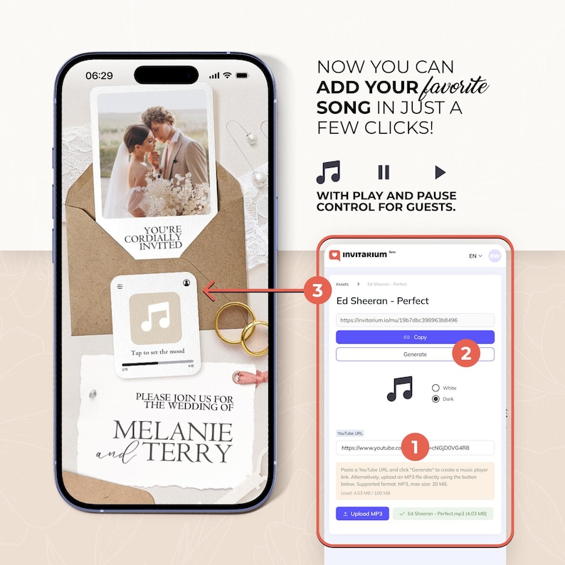 K&ouml;nnte beinhalten: Ein Smartphone-Bildschirm zeigt eine Hochzeitseinladung mit Foto und Text. Die Einladung enth&auml;lt ein Musikplayer-Symbol und die Namen "Melanie and Terry". Ein anderes Telefon zeigt eine Musik-Upload-Oberfl&auml;che.