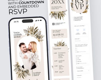 Boho Floral Wedding Invitation: Digital Evite with RSVP & Countdown (Canva Template) BW028