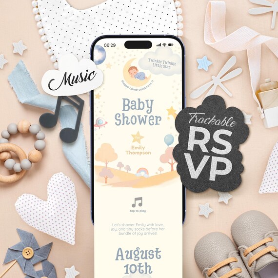 Baby Shower Digital Invitation Website with RSVP, Music, Countdown, Gift Registry, Twinkle Little Star Invite (Editable Canva Template)
