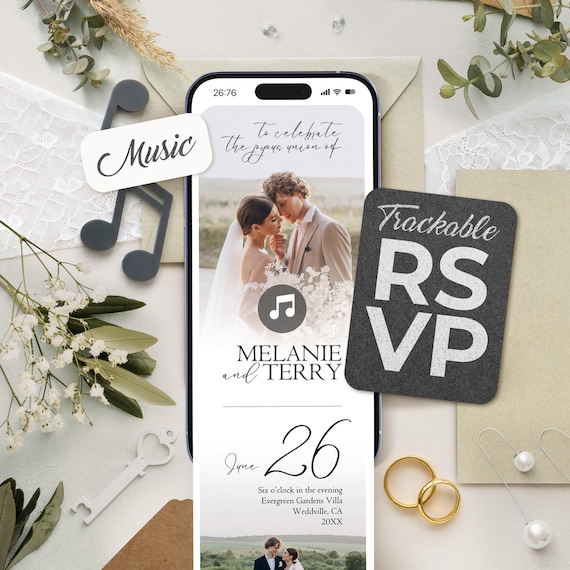 Digital Wedding Invitation with Countdown, Music, Details, and Trackable RSVP (Editable Canva Template) BW016