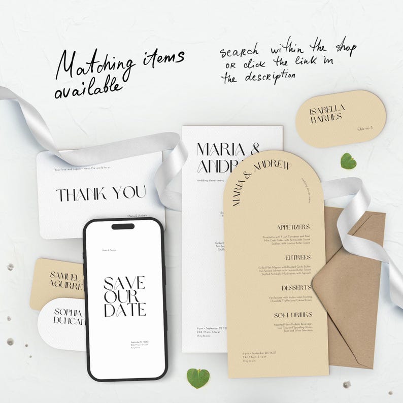 Op de afbeelding: Een verzameling trouwbriefpapier, waaronder een menu, een save-the-date kaart, een bedankkaart en tafelkaarten. Het ontwerp heeft elegante typografie en een neutraal kleurenpalet. Een smartphone toont "Save Our Date."