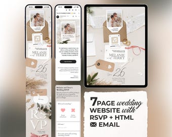 7 Page Wedding Website and HTML Email: Digital Invitation with RSVP Tracking, Countdown, Music, Save the Date, Details (Canva Template)