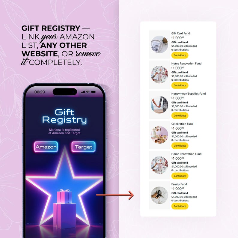 May include: A smartphone screen displays a gift registry app with the text "Gift Registry." The app allows users to link Amazon and Target lists. The screen also shows various fund options, including gift card, home renovation, and honeymoon supplies.